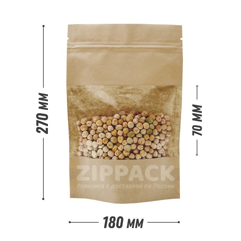 КРАФТ ДОЙ-ПАКЕТ 180х270 мм С ОКНОМ 70 мм и замком zip-lock D1836 - фото 17388