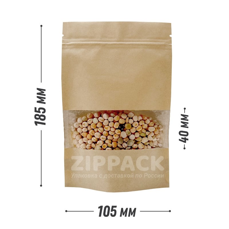 КРАФТ ДОЙ-ПАКЕТ 105х185 мм С ОКНОМ 40 мм и замком zip-lock D1813