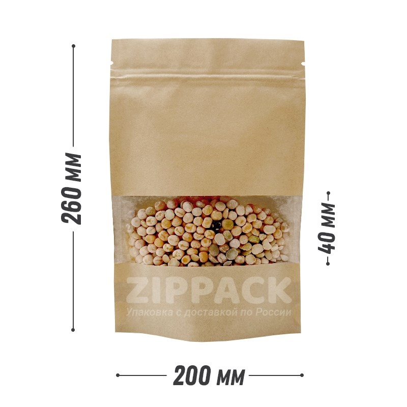 КРАФТ ДОЙ-ПАКЕТ 200х260 мм С ОКНОМ 40 мм и замком zip-lock D1809