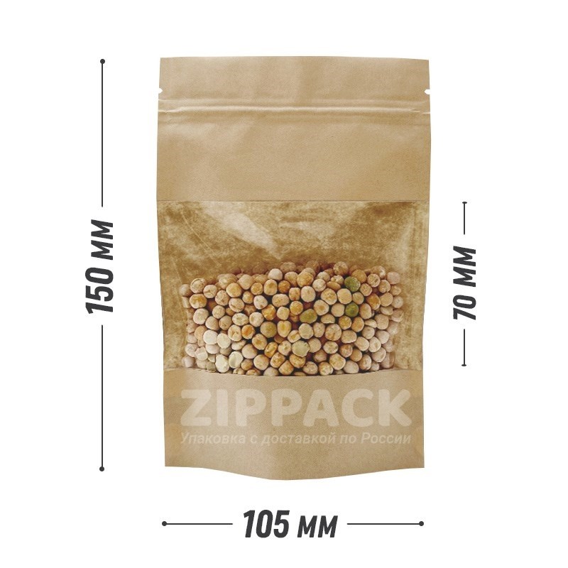 КРАФТ ДОЙ-ПАКЕТ 105х150 мм С ОКНОМ 70 мм и замком zip-lock D1835