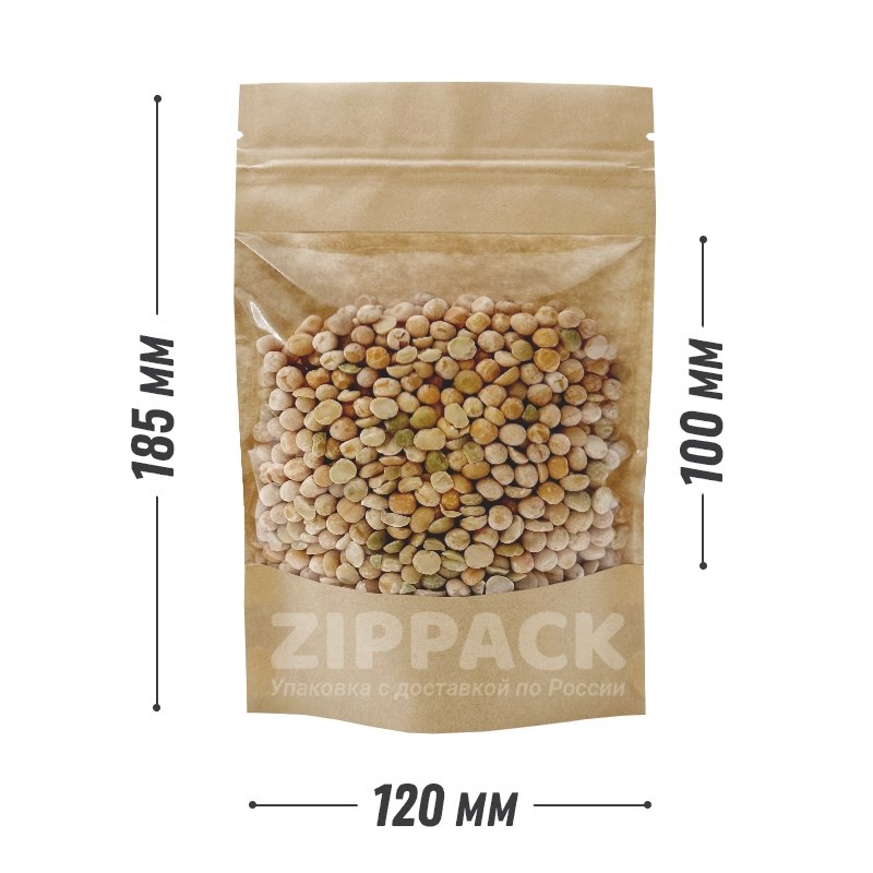 КРАФТ ДОЙ-ПАКЕТ 120х185 мм С ПРОЗРАЧНОЙ СТОРОНОЙ D1808