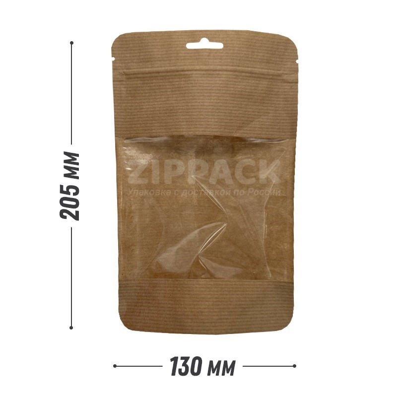 КРАФТ ДОЙ-ПАКЕТ 130х205 мм с европодвесом, скругленными углами и окном D1825