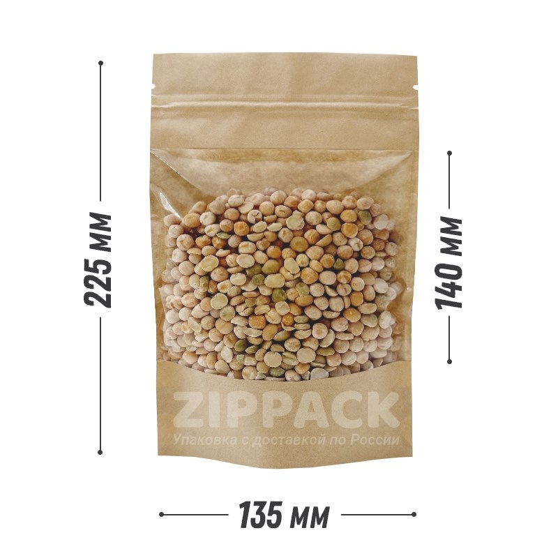 КРАФТ ДОЙ-ПАКЕТ 135х225 мм С ПРОЗРАЧНОЙ СТОРОНОЙ D1810