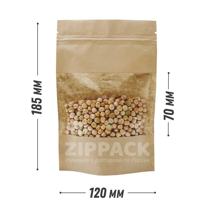 КРАФТ ДОЙ-ПАКЕТ 120х185 мм С ОКНОМ 70 мм и замком zip-lock D1804 - фото 17384